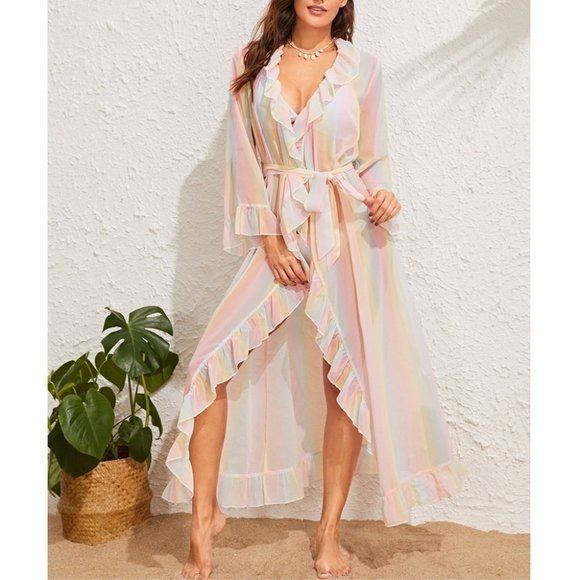 NWOT Rainbow Pastel Kimono Long Robe Coverup - Picture 2 of 10